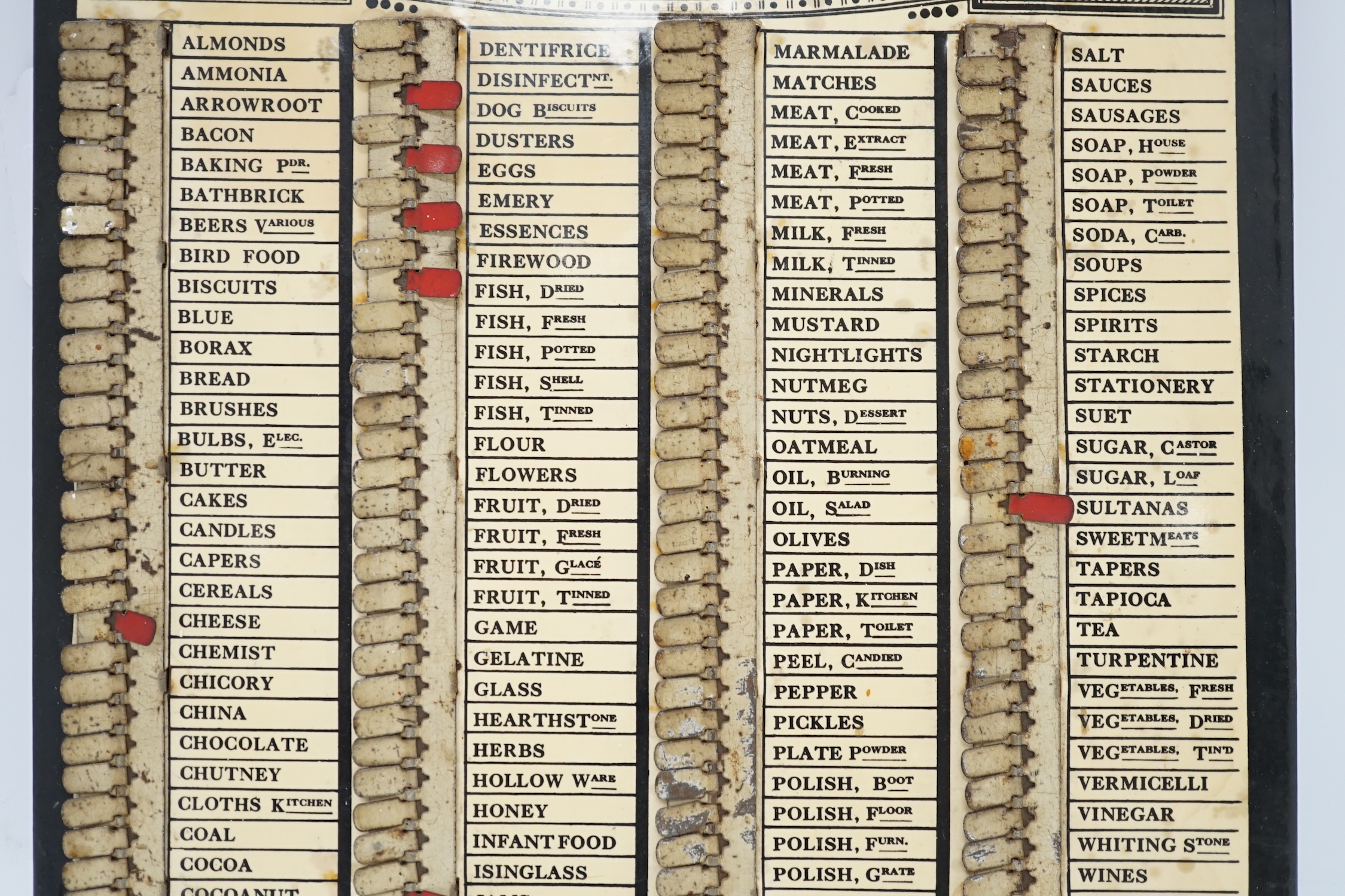 An early 20th century Charles Letts & Co. 'Household Wants Indicator” board, 33cm high. Condition - poor to fair